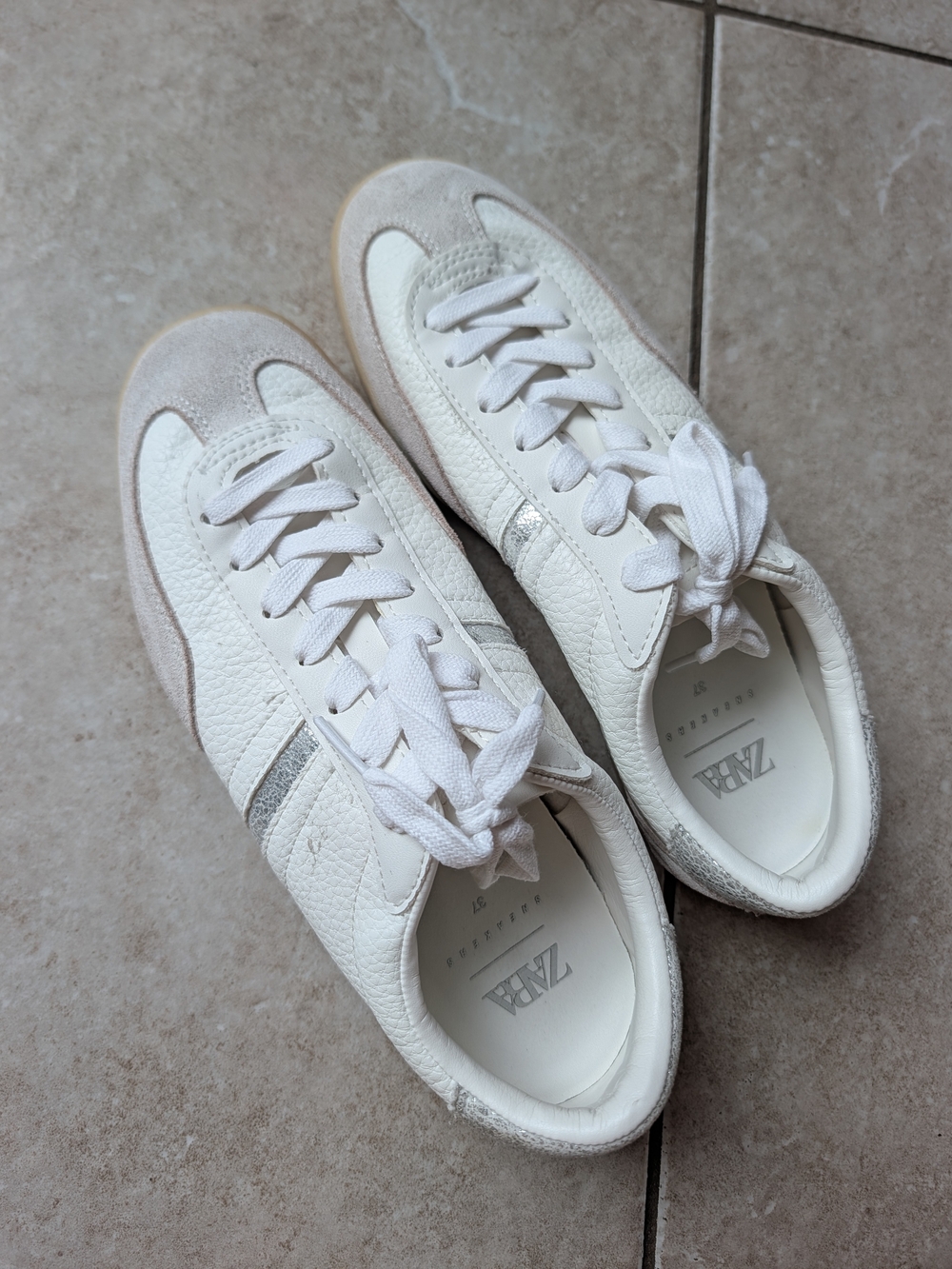 Zara Neutral White Suede Metallic Gum Sole Sneakers EU 37 US 6.5